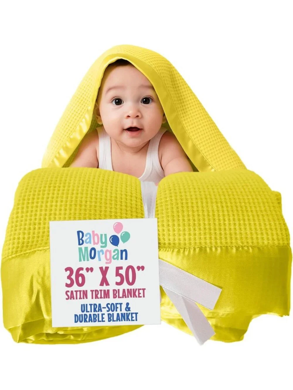 Cozy Yellow Thermal Waffle Knit Baby Blanket with Satin Trim, 36
